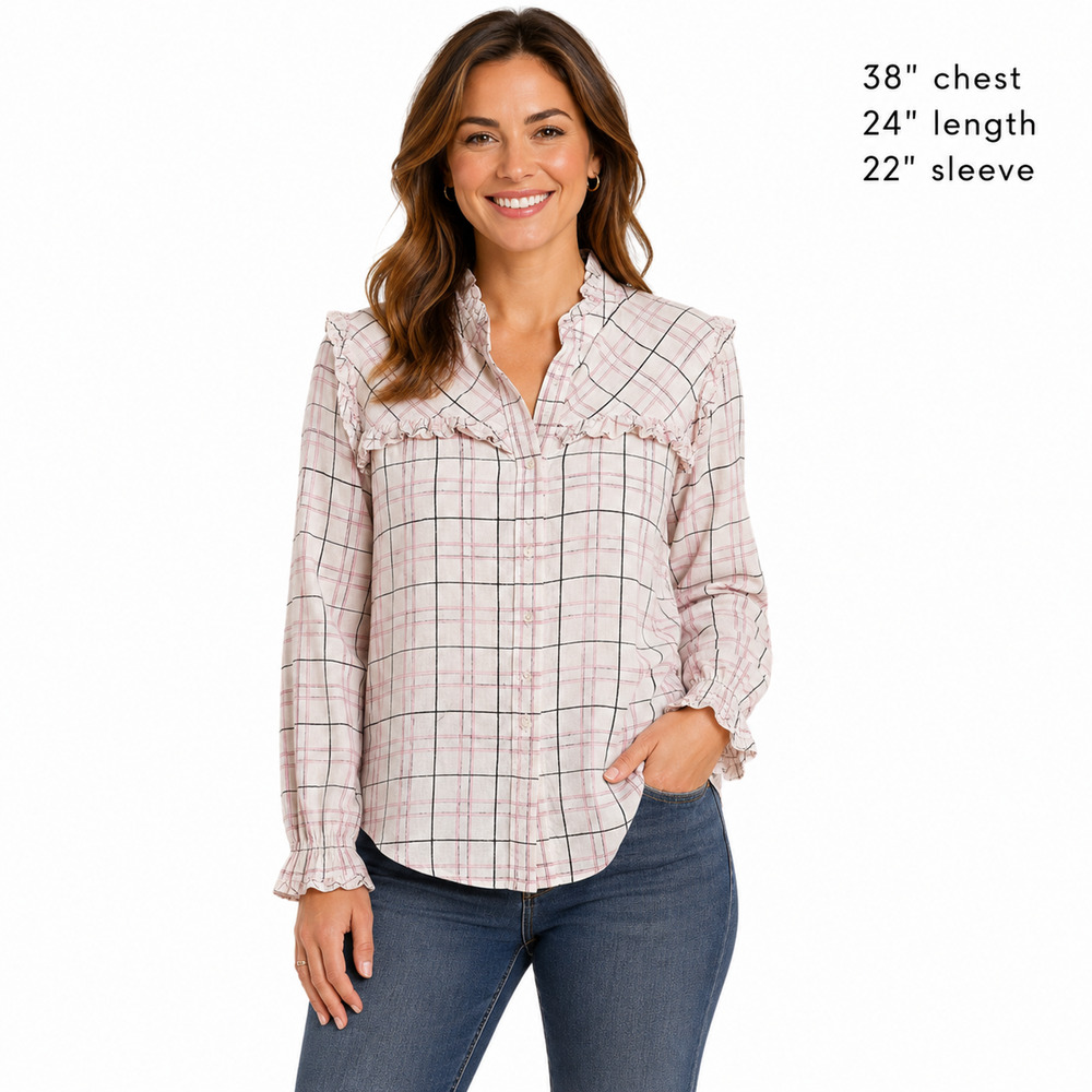 Untuckit Josie Womens Lavender Plaid Ruffle Trim Button Up Cotton Shirt Top 8